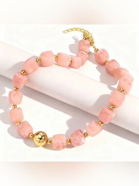 Chunky Pink Marbled Bead Necklace with Gold Accents